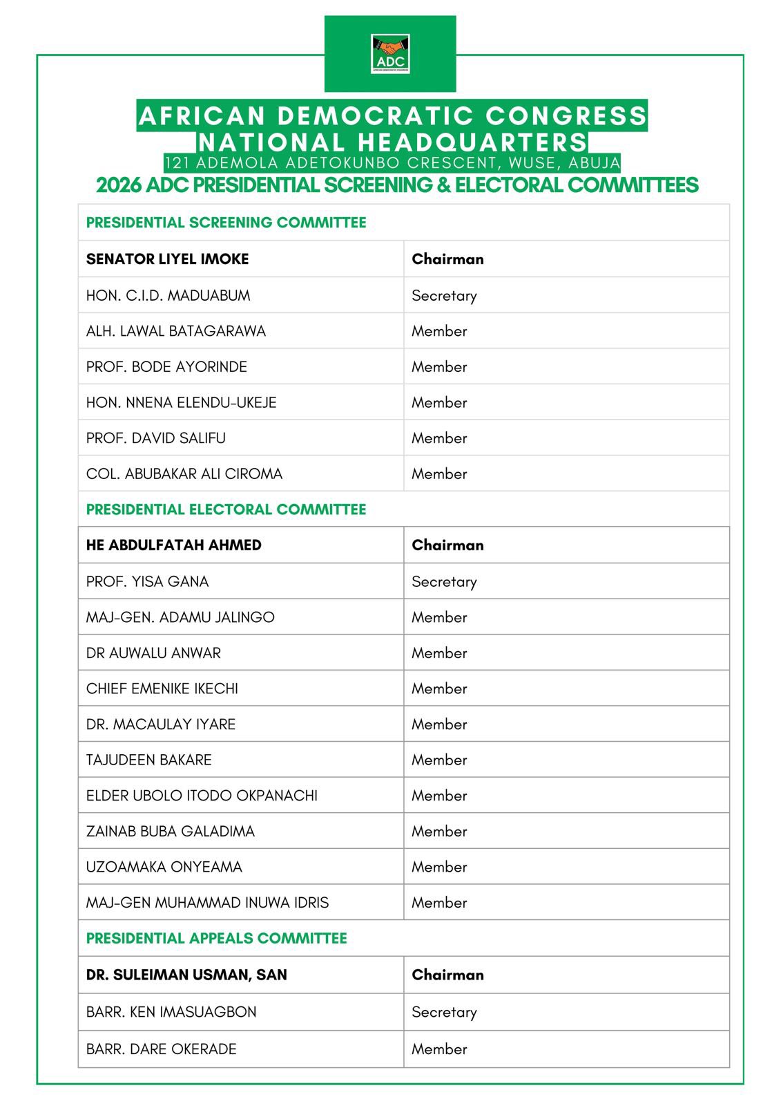 FULL LIST: Imoke, ex-Kwara gov lead ADC presidential primary committees